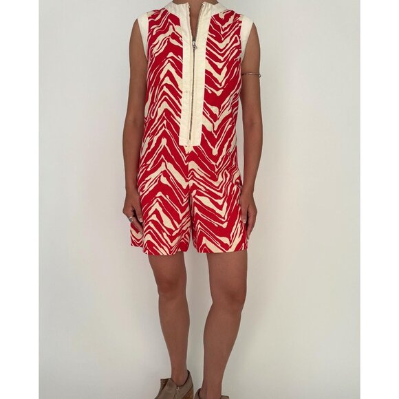 60s vintage red white abstract print retro mod gogo mini shorts playsuit romper - Picture 1 of 9